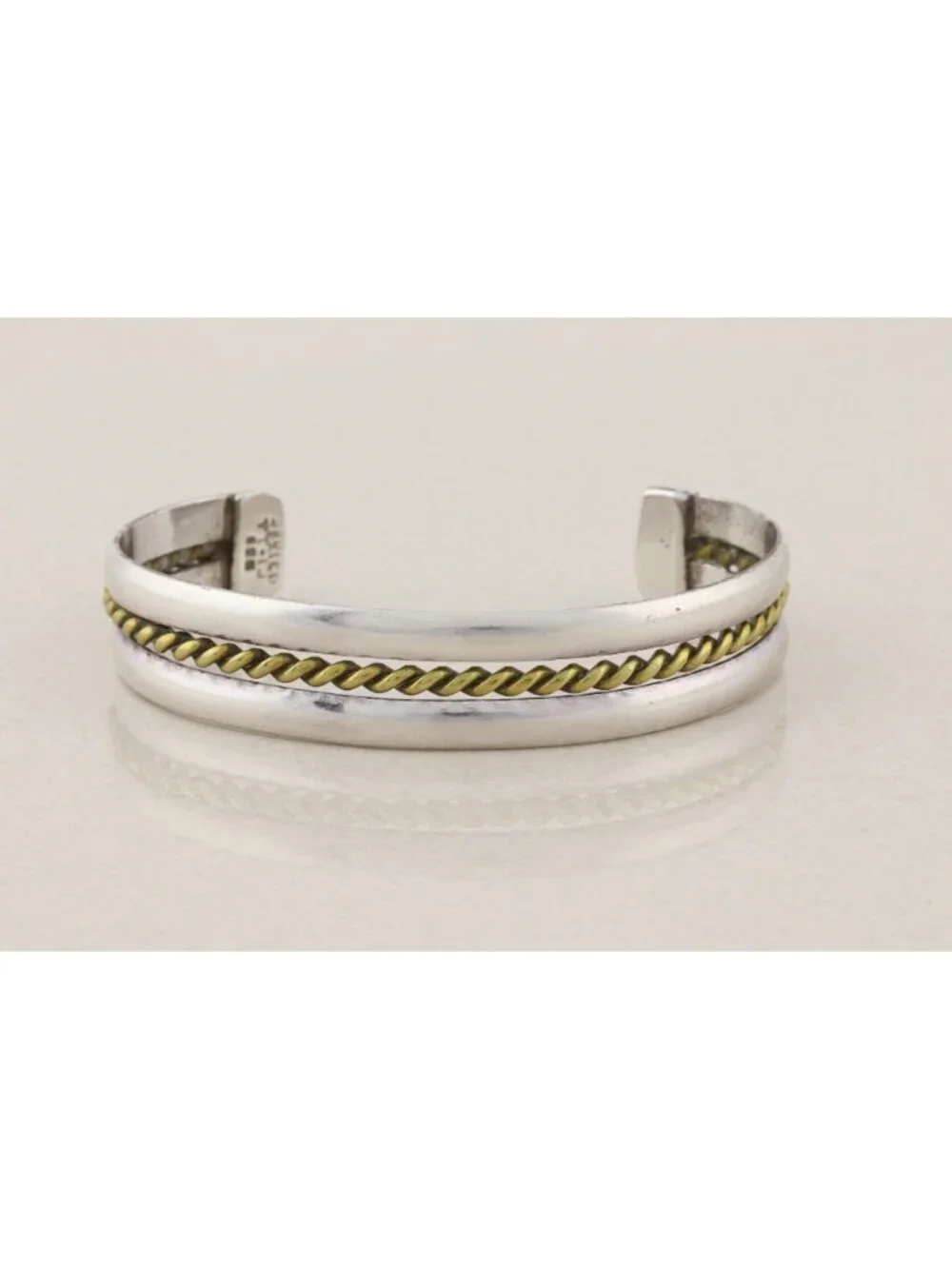 Sterling Silver Cuff Bracelet with Brass Center Rope Design Adjustable 7